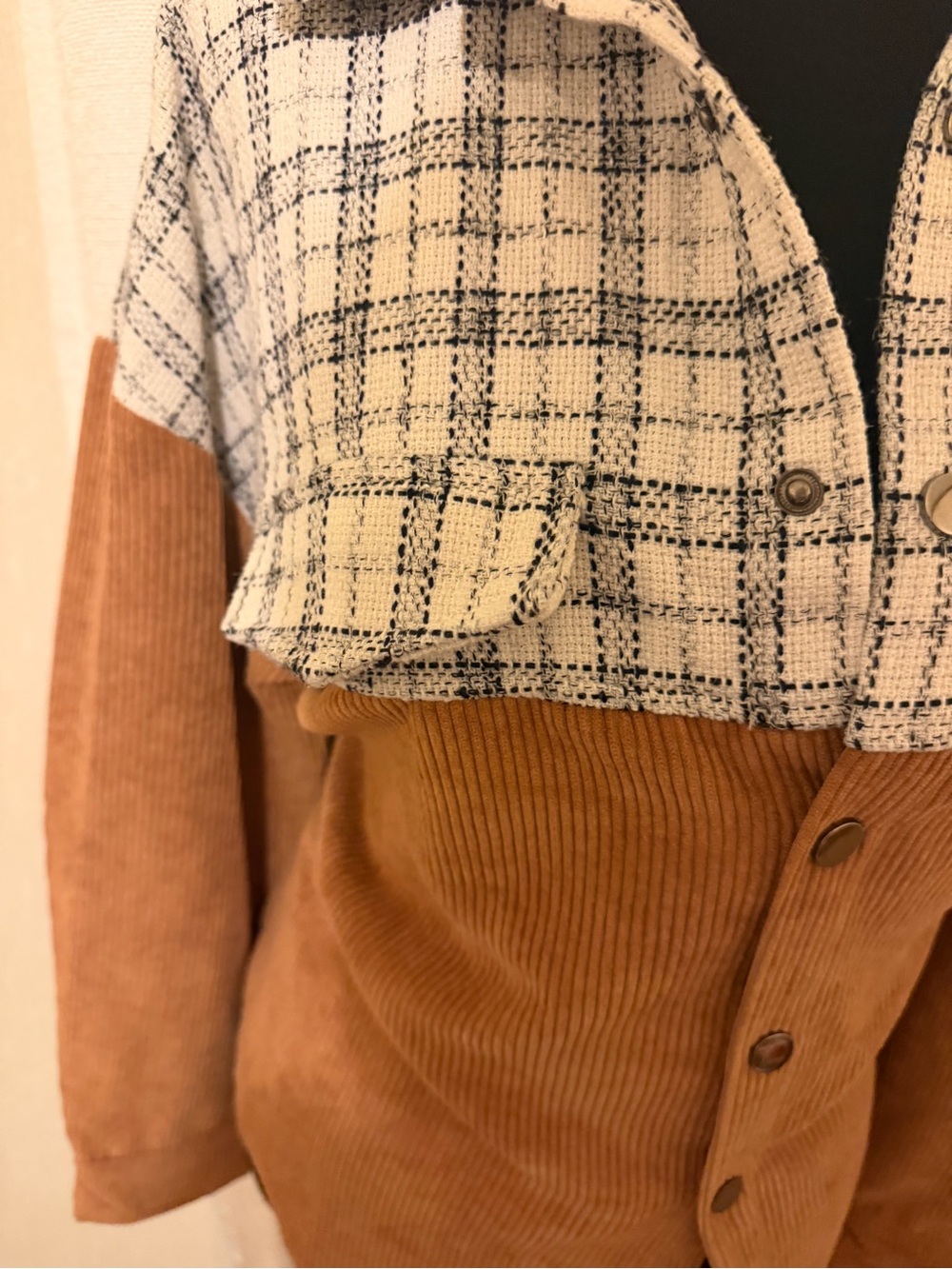 Two-Tone Plaid Yoke Corduroy Utility Jacket in Cream and Brown - Picture 4 of 7